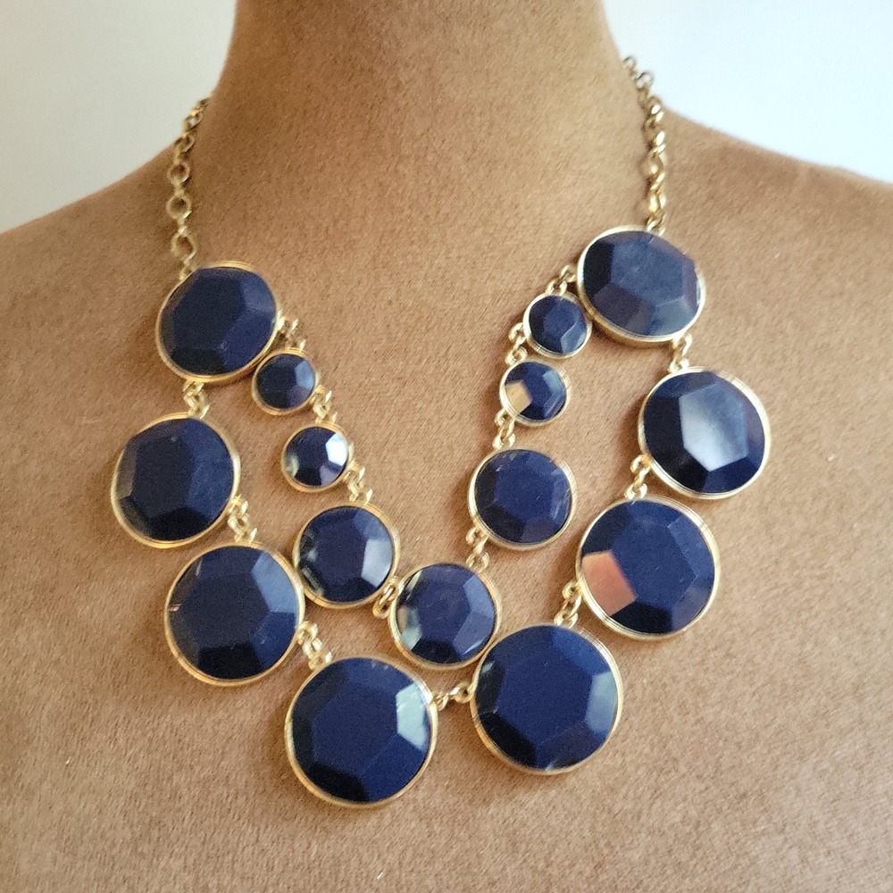 Kate Spade Navy Blue Gold Tone Resin Stone Bib Statement Necklace Size 17 Preppy